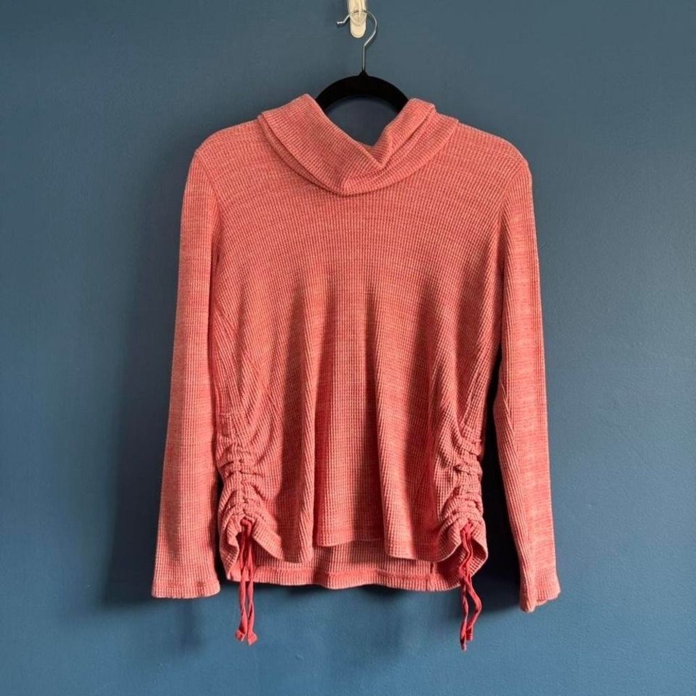 J.Jill Cowl Neck Pullover Women's Size XS Petite Waffle Knit Red Pink Ruched